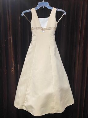 Girls' Cream Satin Formal Dress with Beaded Waist